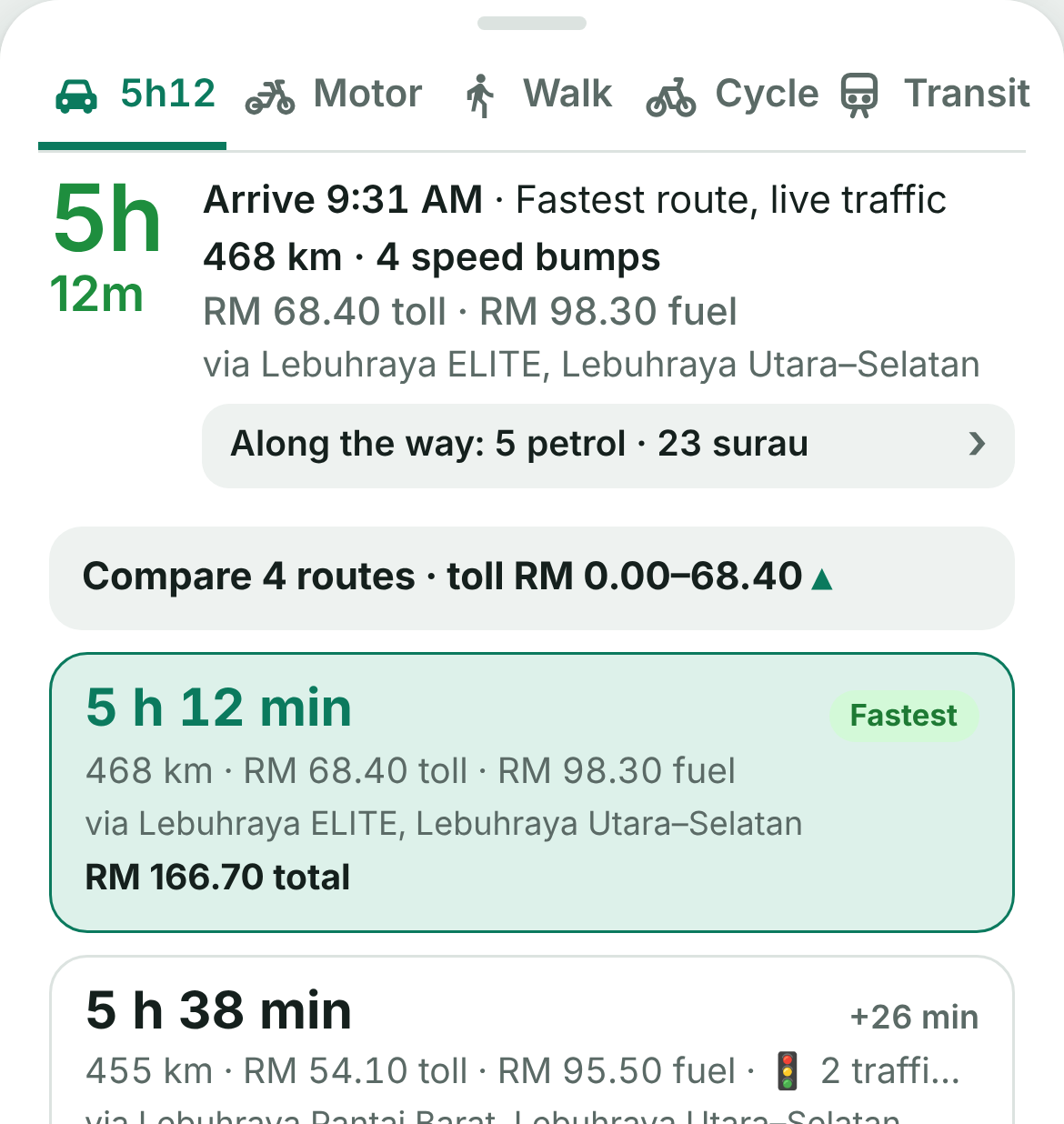 DENAI: bandingkan 4 laluan dengan masa, harga tol dan kos minyak