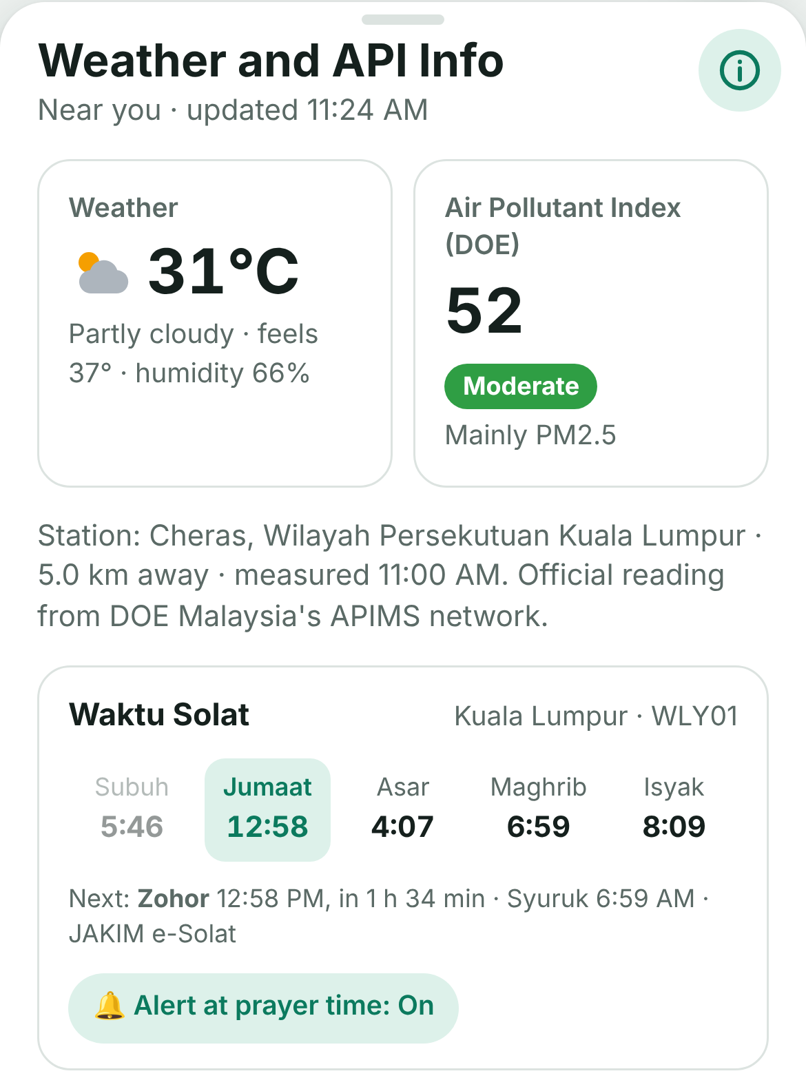 Contoh paparan Kuala Lumpur: cuaca 31°C separa mendung, IPU 52 sederhana dari stesen DOE Cheras, dan waktu solat zon WLY01