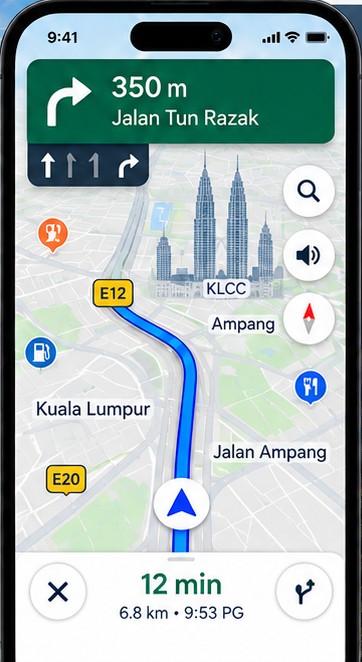 Ilustrasi DENAI di telefon: belok kanan 350 m ke Jalan Tun Razak, 12 minit