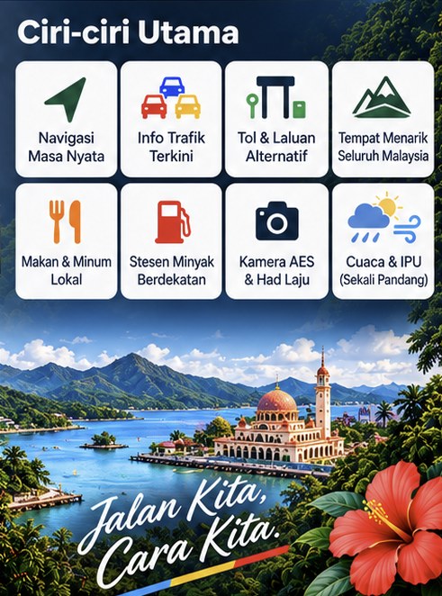 Ciri-ciri utama DENAI: navigasi, trafik, tol, tempat menarik, makan, minyak, kamera AES, cuaca dan IPU. Jalan Kita, Cara Kita