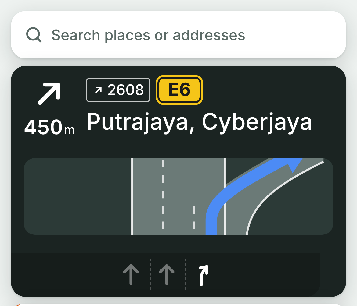 Panduan DENAI sebelum exit: 450 m, exit 2608, E6 ke Putrajaya dan Cyberjaya, lukisan simpang dan lorong