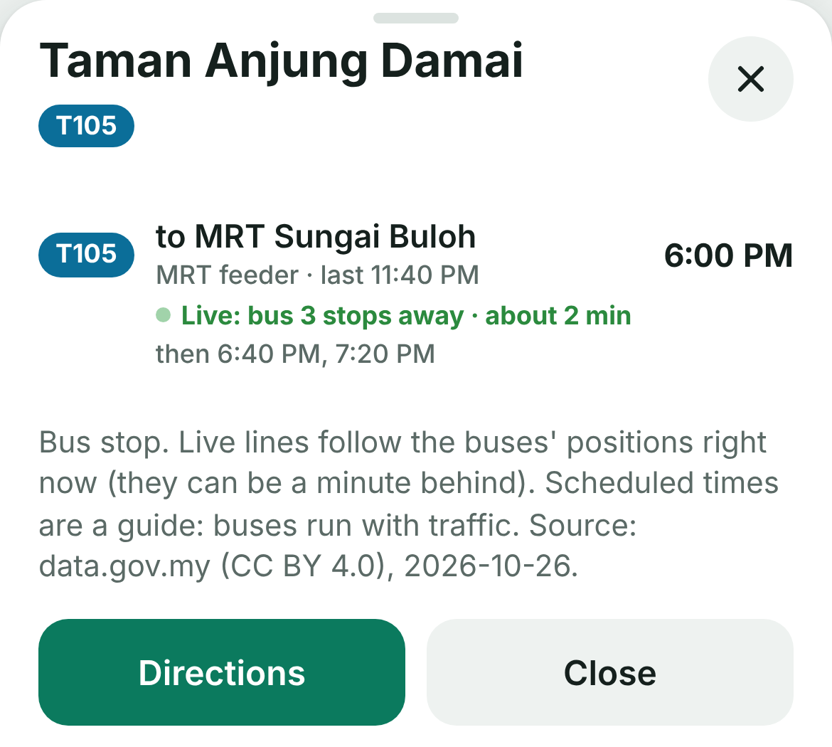 Hentian bas Taman Anjung Damai: bas T105 tiga hentian lagi, kira-kira 2 minit