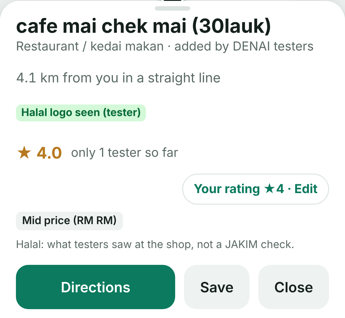 Kedai makan dengan tag logo halal dan rating 4.0 dari penguji